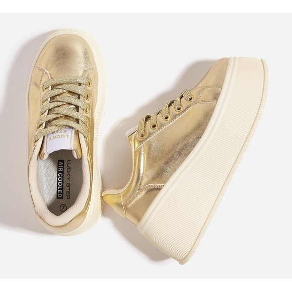 Brand New Women Gold Rubber LUCKY STEP Platform Sneakers Wedge Retro Shoes - Picture 5 of 9